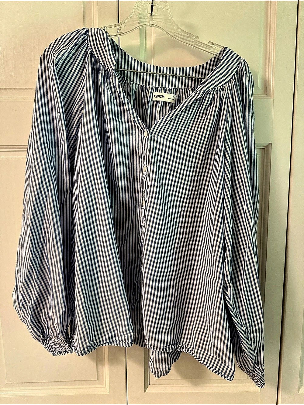Cotton Striped Blouse in Blue & White XXL Like New